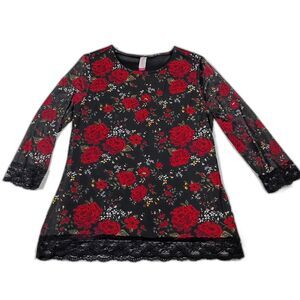 No Boundaries Whimsigoth Lined Mesh Top Black Lace Red Roses XL 3/4 Sleeve